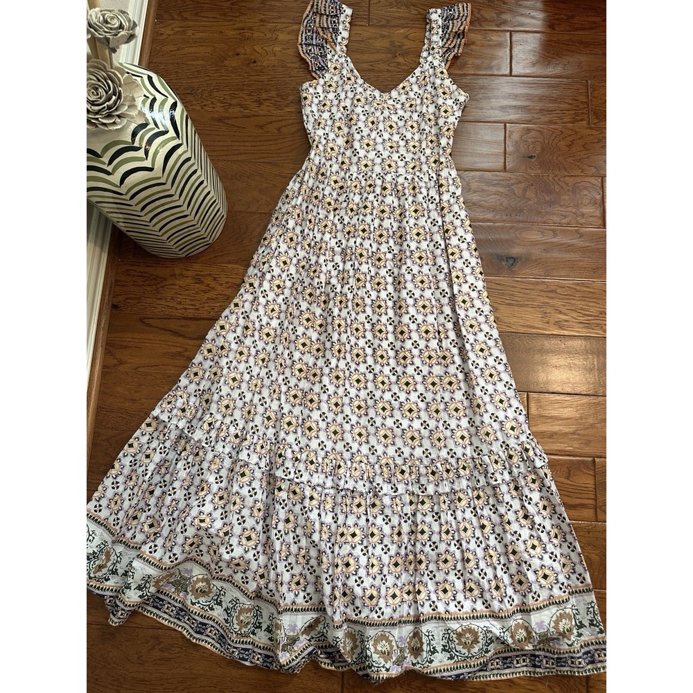 Cleobella Nica Maxi Dress Marrakesh Print Organic Cotton Linen Blend Boho  SZ L